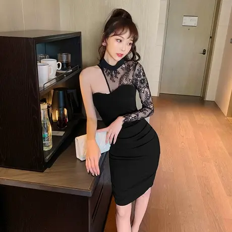 黑色单肩蕾丝生日小礼服新款连衣裙晚礼服裙高级质感名媛平时可穿商品大图
