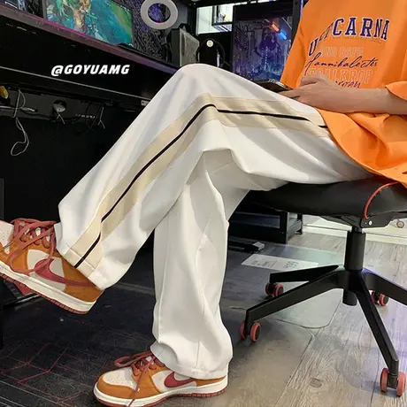 撞色条纹拼接休闲裤子男设计感小众夏季坠感美式复古嘻哈运动长裤商品大图