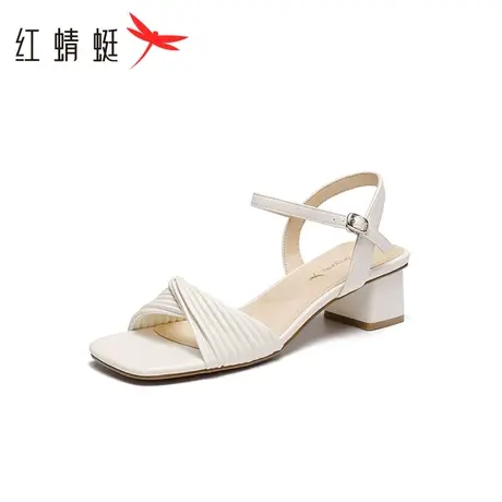 红蜻蜓粗跟通勤时装凉鞋2023夏季新款女鞋气质方头一字带羊皮凉鞋商品大图