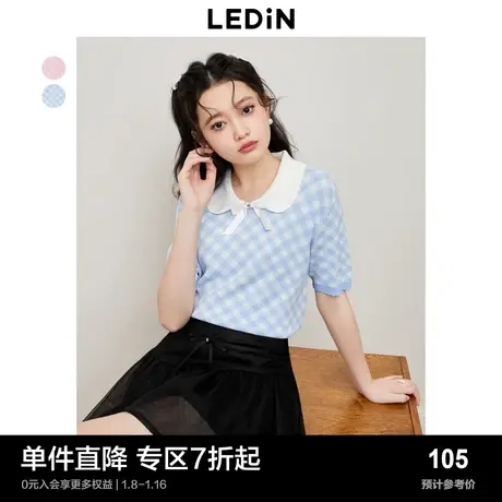 乐町甜美娃娃领短袖针织T恤女夏季女装格纹短上衣T恤图片