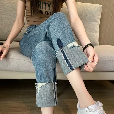 卷边直筒牛仔裤女2024春秋季新款高腰显瘦小个子破洞八九分烟管裤商品大图