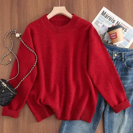 2024春装新款韩版宽松圆领亮丝长袖套头针织衫女百搭毛衣上衣打底商品大图