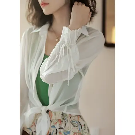 弥古白色外搭开衫夏女雪纺打结衬衫薄款外套防晒衬衣翻领微透上衣图片