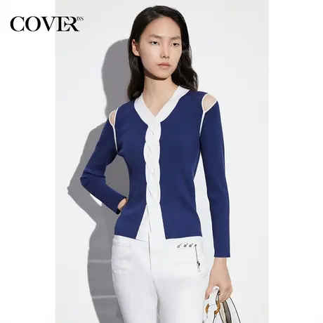 COVER2023春季醋酸撞色V领扭绳针织衫商品大图