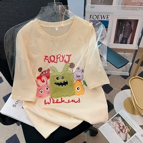 纯棉设计感趣味刺绣短袖t恤女2023新款夏季宽松休闲百搭半袖上衣图片