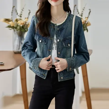 韩潮袭人时尚做旧复古毛边牛仔显瘦短款外套小香风上衣图片