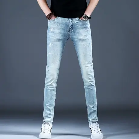 夏季浅色烫钻牛仔裤2024新款男士弹力小脚修身裤子男款休闲裤高端商品大图