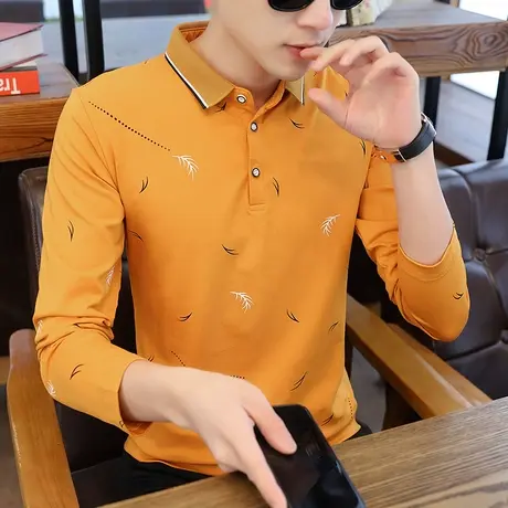 长袖POLO衫男2023年秋潮流男士T恤碎花体桖新款纯棉男装上衣服ins商品大图