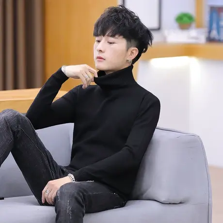 秋冬季高领毛衣男士韩版打底针织线衫加绒加厚款潮流套头男装上衣商品大图