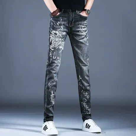 男士新款牛仔裤子男款黑灰色国风印花精致小脚2024春夏款潮牌百搭商品大图