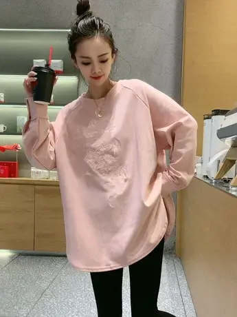 春季新款国风提花刺绣宽松T恤女休闲显瘦圆领百搭设计感长袖上衣商品大图