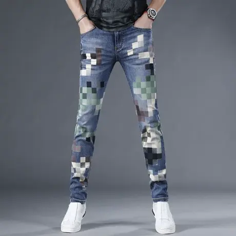 欧货高端牛仔裤男2024春季新款字母格子印花潮牌弹力修身小脚长裤商品大图