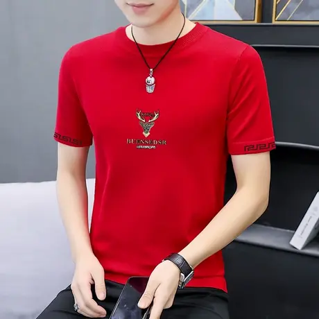 新款夏装红色短袖T恤男潮流薄款冰丝针织衫情侣装打底衫半袖上衣商品大图