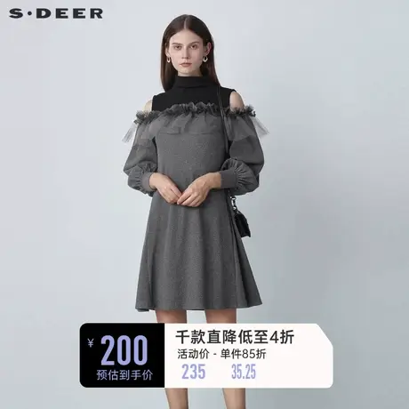sdeer圣迪奥春装中高领抽褶网纱拼接宽松连衣裙女S221Z1260图片