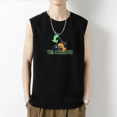 男士背心纯棉无袖t恤夏季薄款篮球黑色运动健身坎肩跨栏宽肩汗衫商品大图