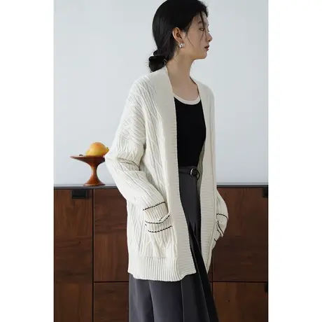 嘉茱莉2023秋季新款1OO羊毛针织开衫女中长款宽松针织上衣慵懒风商品大图