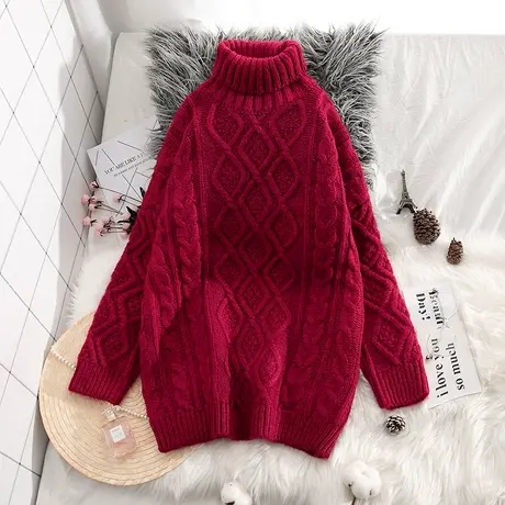 中长款打底衫红色麻花粗针毛衣加厚高领冬新款2021宽松粗线内搭女商品大图