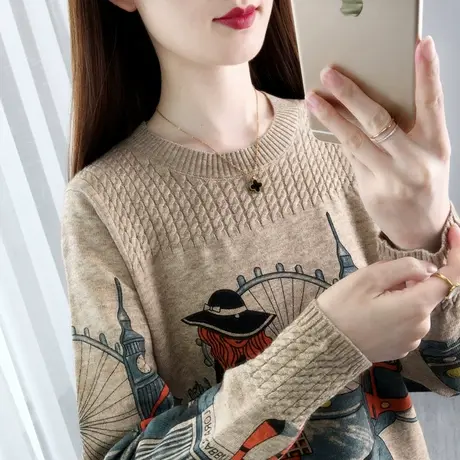 圆领内搭2023年秋冬季新款印花针织衫毛衣女宽松复古长袖打底上衣商品大图