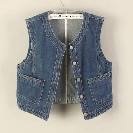 牛仔马甲女背心短款2023春秋新款无袖休闲小外搭修身圆领坎肩深蓝商品大图
