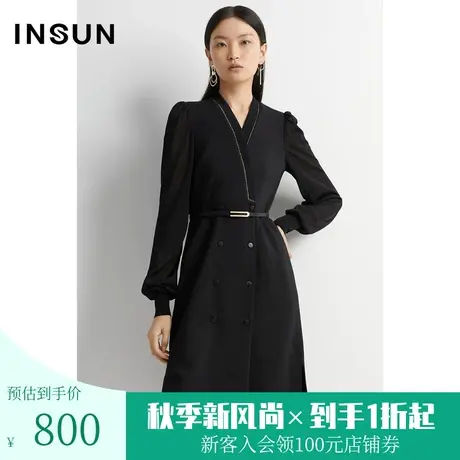 恩裳2022冬季舒适双面弹力针织面料优雅V领小黑裙女图片