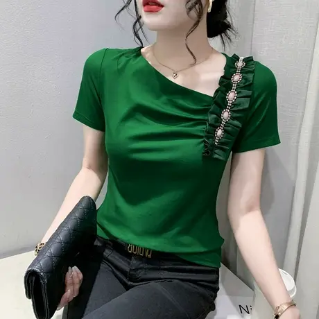 设计感荷叶边T恤女短袖夏季2023新款个性网红上衣ins修身百搭小衫商品大图