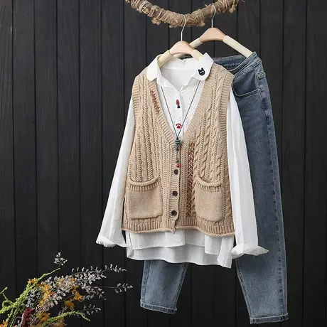 叠穿背心毛衣外搭女装秋季新款文艺复古V领针织马夹坎肩棉线开衫商品大图