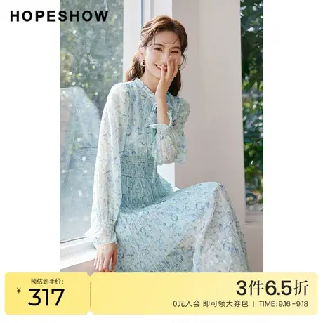 红袖outlets泡泡袖连衣裙hopeshow2023春季新款女装飘带领印花裙图片