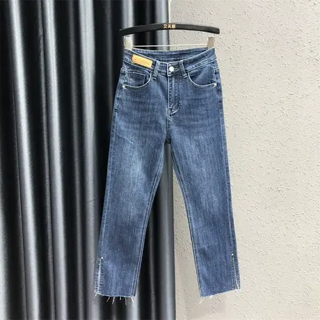 蓝色个性贴布设计感牛仔九分裤女2023秋季新款修身显瘦开叉直筒裤商品大图