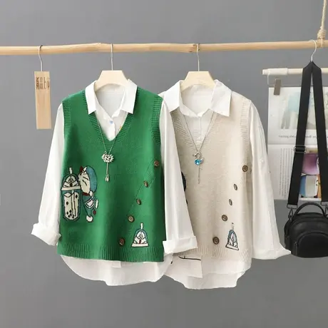 学院风可爱套头针织马夹女背心秋装新款V领宽松百搭毛衣坎肩马甲图片