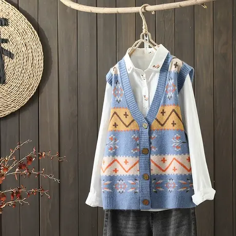 枫谜2021年秋装新款文艺提花针织马甲女宽松休闲毛线针织开衫外套商品大图