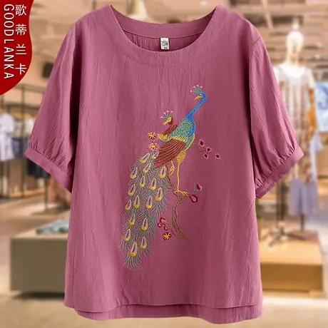 加肥加大码中老年妈妈夏装棉麻上衣宽松洋气绣花奶奶装短袖T恤女商品大图