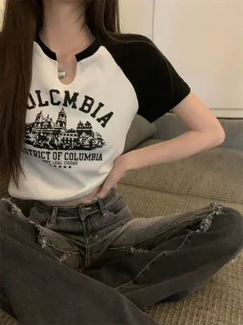 美式复古纯棉短袖t恤女夏季设计感小众chic港味女装打底衫上衣潮商品大图