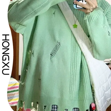 红续2023冬季新款不规则破洞毛衣绿色小众设计显白百搭针织衫上衣图片