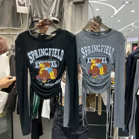 韩国早秋新款紧身弹力短款印花垫肩测边抽绳薄款长袖防晒T恤女潮商品大图