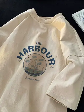 高级感奶黄色仿棉短袖t恤女夏季2023新款美式复古小众设计感上衣图片