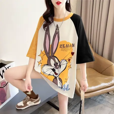 小众设计感短袖t恤女夏季韩版宽松大码女装中长款半袖撞色上衣服商品大图