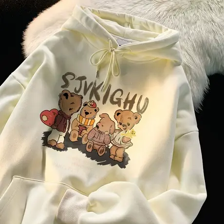 美式复古小熊印花连帽卫衣女春秋薄款2023新款宽松慵懒风小众外套图片