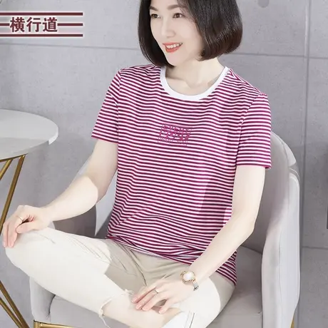 上衣夏款女圆领印花条纹宽松休闲简约 大码外穿打底衫短袖t恤女夏商品大图