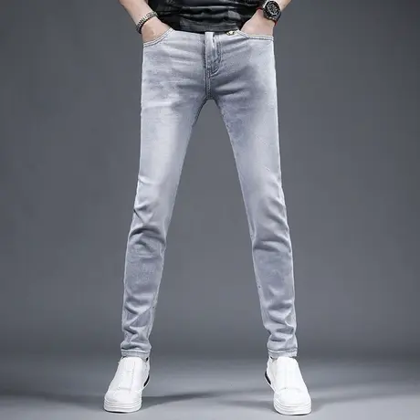 高端浅灰色牛仔裤男款修身小脚夏季薄款2023新款弹力休闲男士裤子商品大图