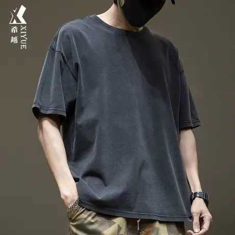 希越重磅纯棉短袖t恤男极简风夏季男装男士日系复古宽松大码上衣商品大图
