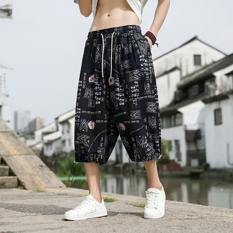中国风男士棉麻七分裤灯笼束脚裤泰国休闲裤宽松大码胖子沙滩短裤图片