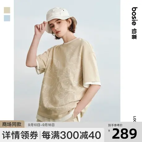 【哆啦A梦】bosie2023年夏季新款短袖t恤男情侣线条图案满印上衣图片