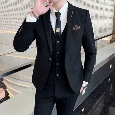 西服套装男士三件套新郎婚礼结婚礼服商务休闲正装韩版格子西装帅图片