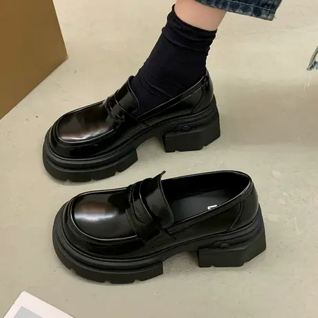 松糕底休闲乐福鞋女2023秋季新款黑色粗跟一脚蹬单鞋英伦风小皮鞋商品大图
