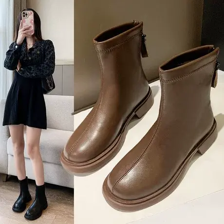 切尔西后拉链马丁靴女2023年新款春秋粗跟炸街时尚靴烟筒短靴潮图片
