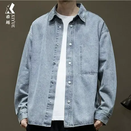 高配棉牛仔衬衫男2024春季新款休闲男士宽松大码衬衣复古水洗外套图片