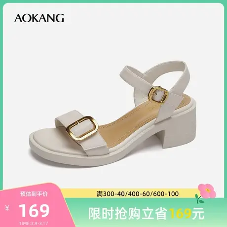 门店发货奥康女鞋 夏季女士一字带凉鞋金属黑色粗跟时尚百搭舒适图片