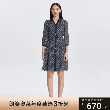 朗姿春简约格纹连衣裙单排扣V领中长裙商场同款连衣裙商品大图