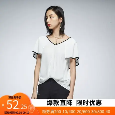 艾格夏季新款女装时尚宽松不过时白色雪纺短袖V领T恤女士Z436商品大图