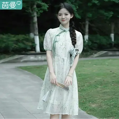 茵曼新中式国风连衣裙女小个子盘扣裙子夏季2023新款女士绿色长裙商品大图